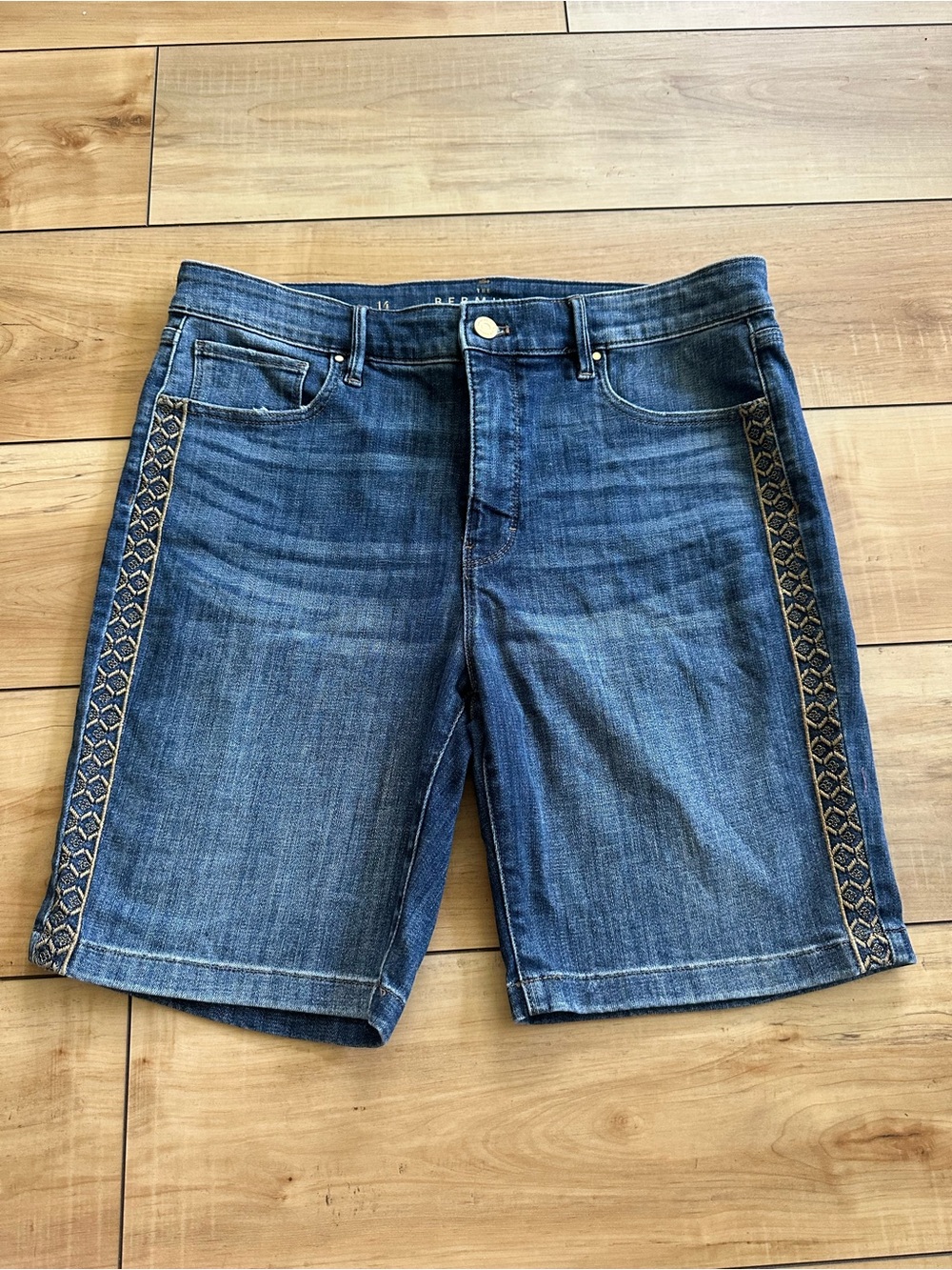 White House Black Market Blue Bermuda Denim Shorts with Side Embroidery